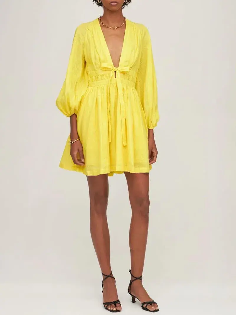 Zimmermann Shelly Plunge Mini Dress Yellow Size 0/Au 8 - Image 2