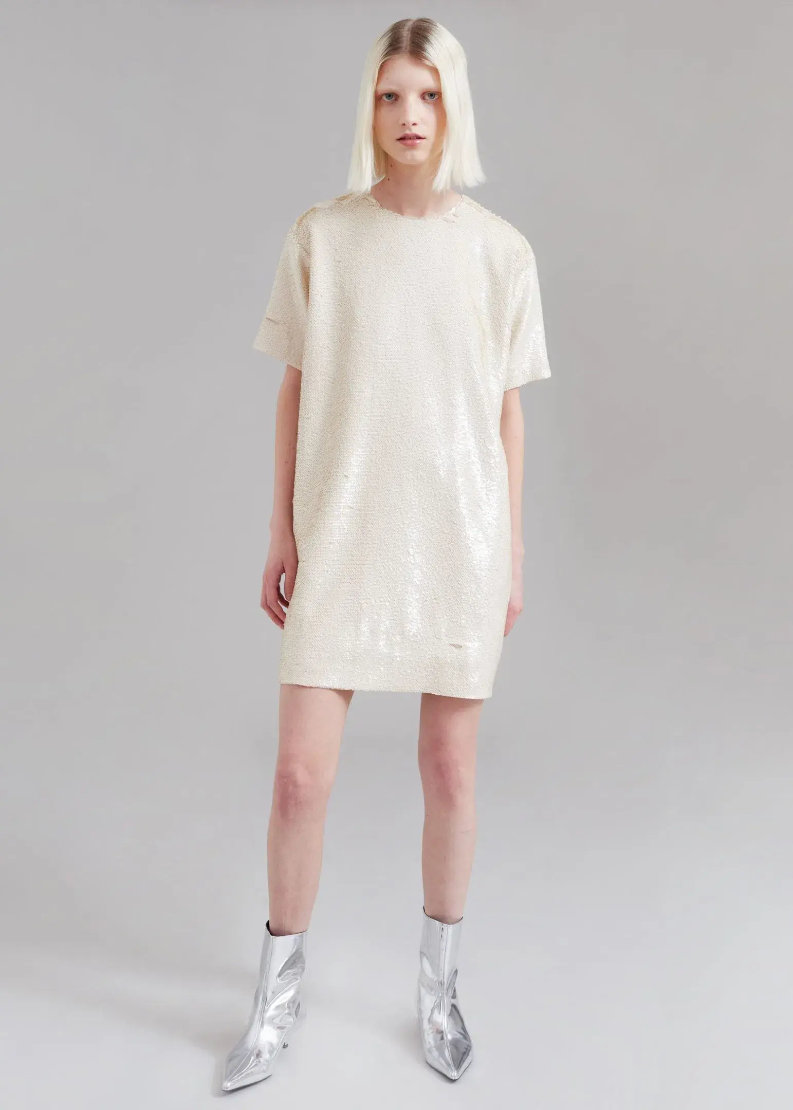 Frankie Shop Riley Sequin Tee Mini Dress Cream Size L/AU 12 - Image 1