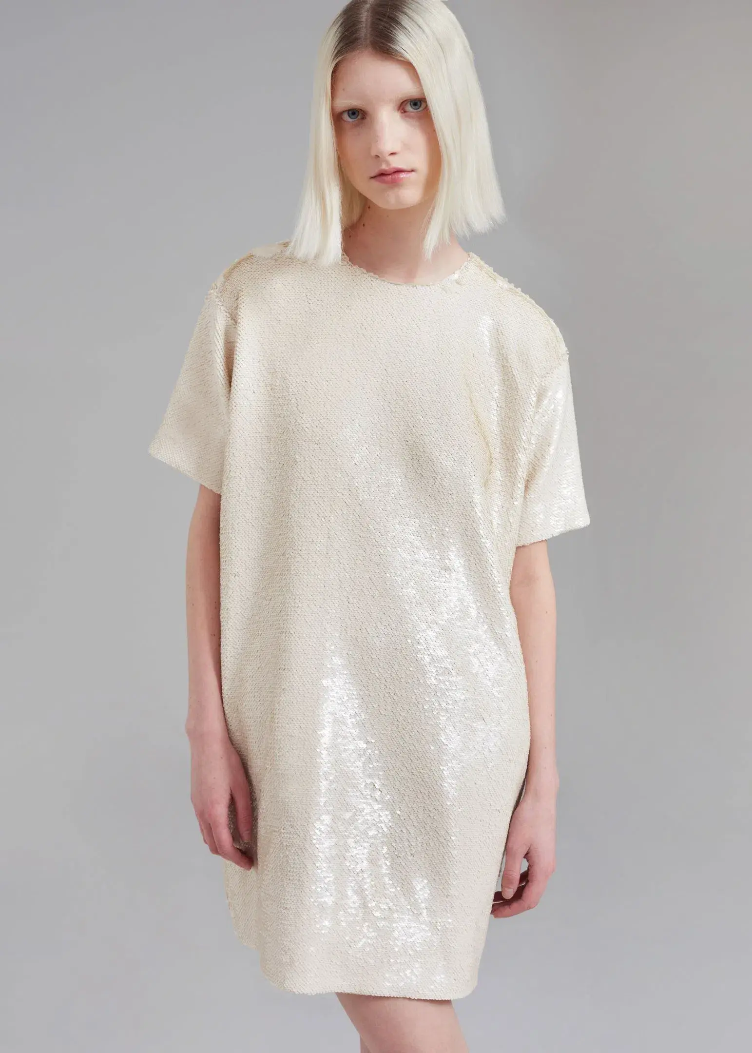 Frankie Shop Riley Sequin Tee Mini Dress Cream Size L/AU 12 - Image 2