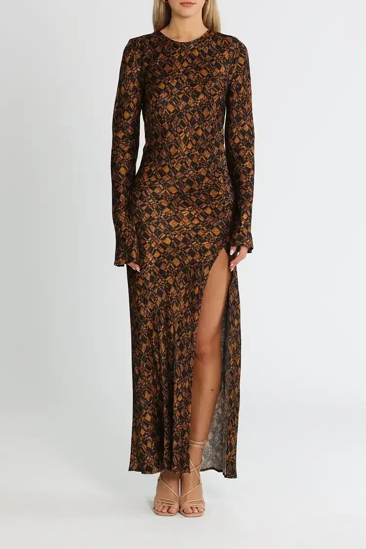 Bec and Bridge Checkmate Long Sleeve Maxi Dress in Brown Print Size 8 - Image 2