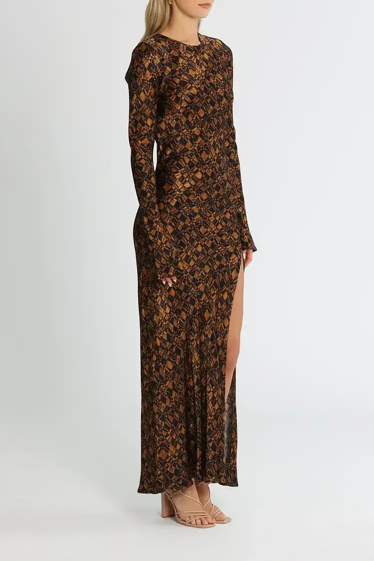 Bec and Bridge Checkmate Long Sleeve Maxi Dress in Brown Print Size 8 - Image 3