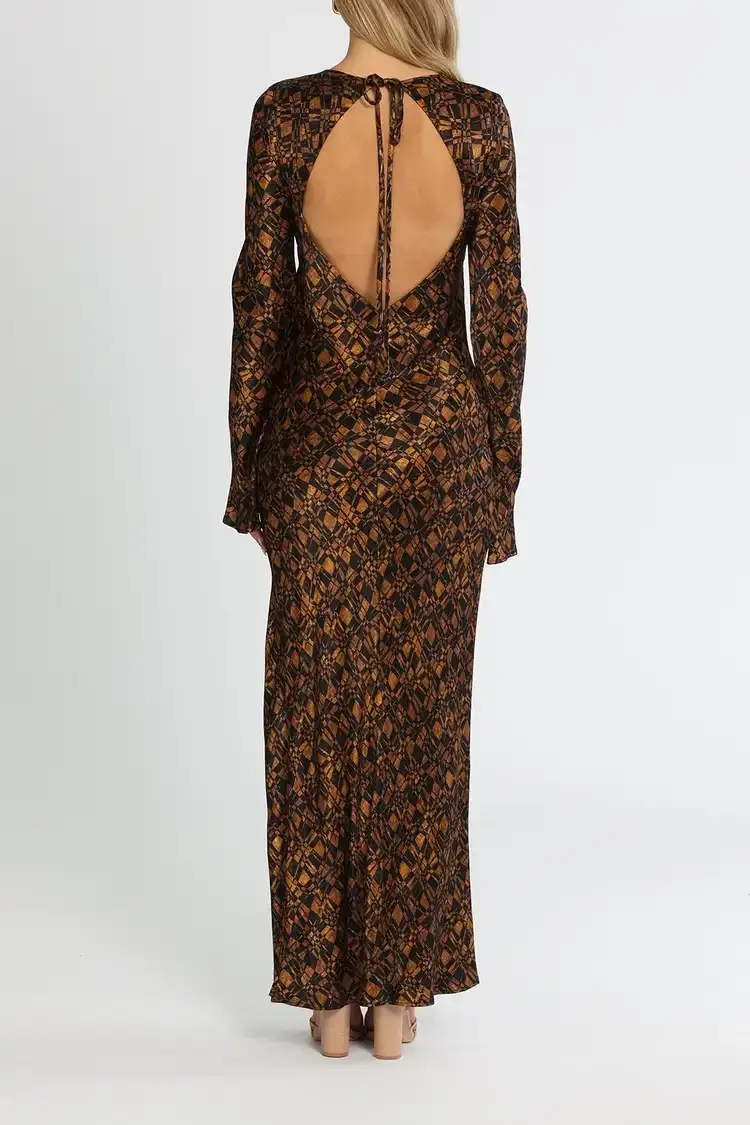 Bec and Bridge Checkmate Long Sleeve Maxi Dress in Brown Print Size 8 - Image 4
