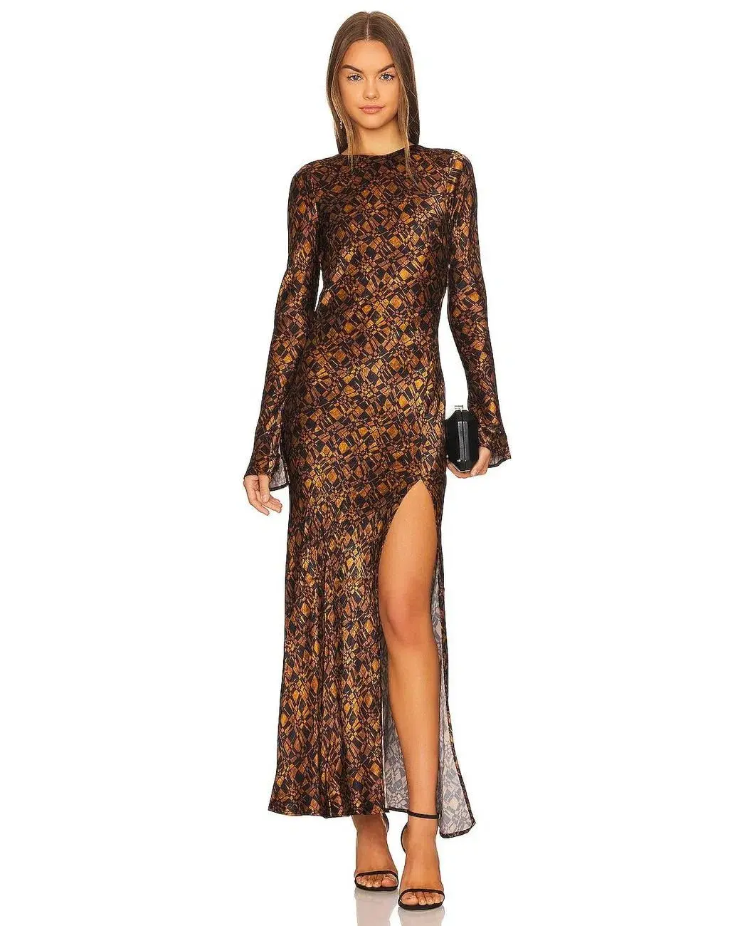 Bec and Bridge Checkmate Long Sleeve Maxi Dress in Brown Print Size 8 - Image 1