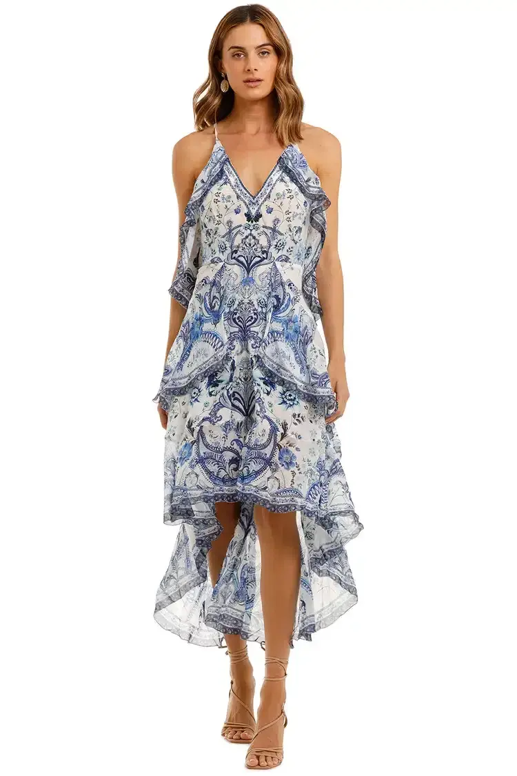 Camilla V-Neck Fitted Dress With Ruffles in Blue Size 10 - Image 1