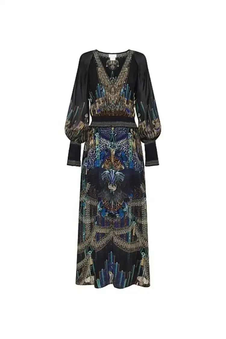 Camilla Black Dress With Shirred Waist in Dripping In Deco Size 8 for rent on The Volte - main image