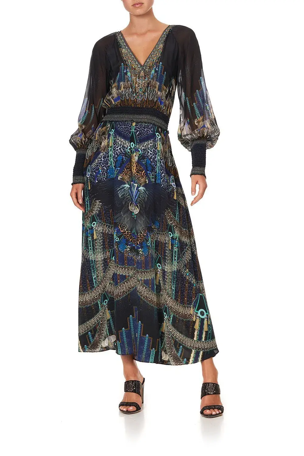 Camilla Black Dress With Shirred Waist in Dripping In Deco Size 8 - Image 1