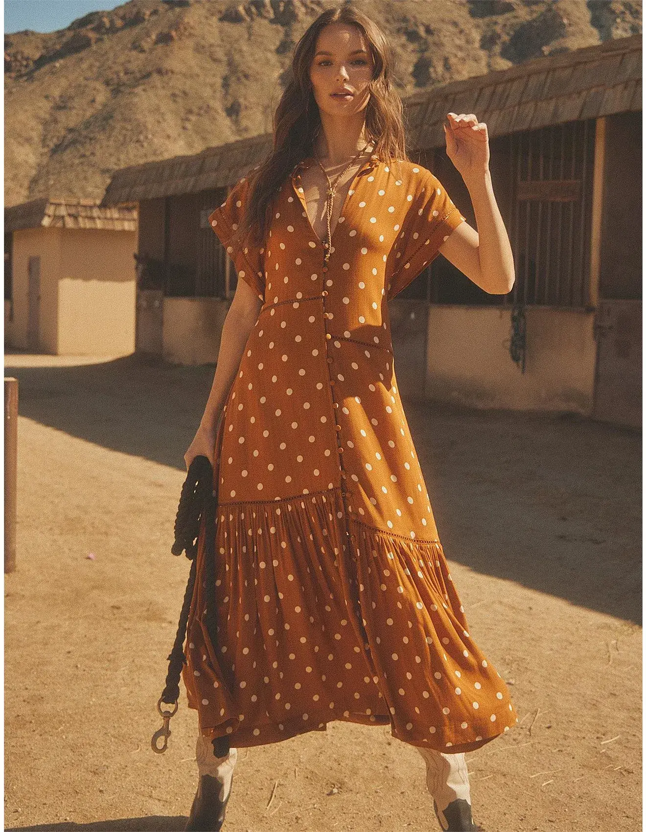 Bohemian Traders Polka Dot Lattice Midi Dress Brown Size 8 - Image 1