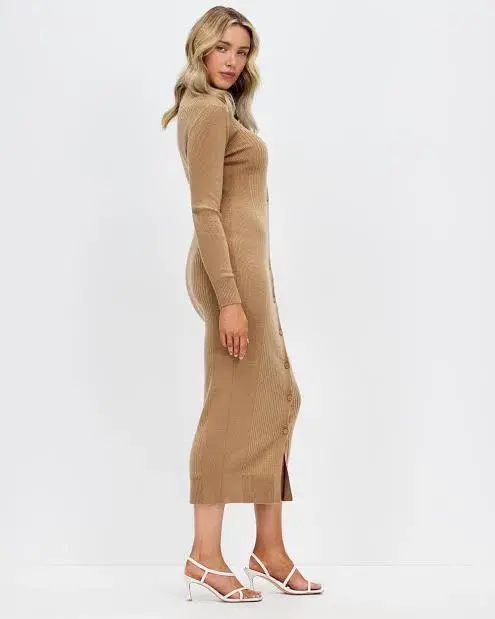Calvin Klein Wool Tencel Rib Midi Dress Safari Canvas Size 10 - Image 6