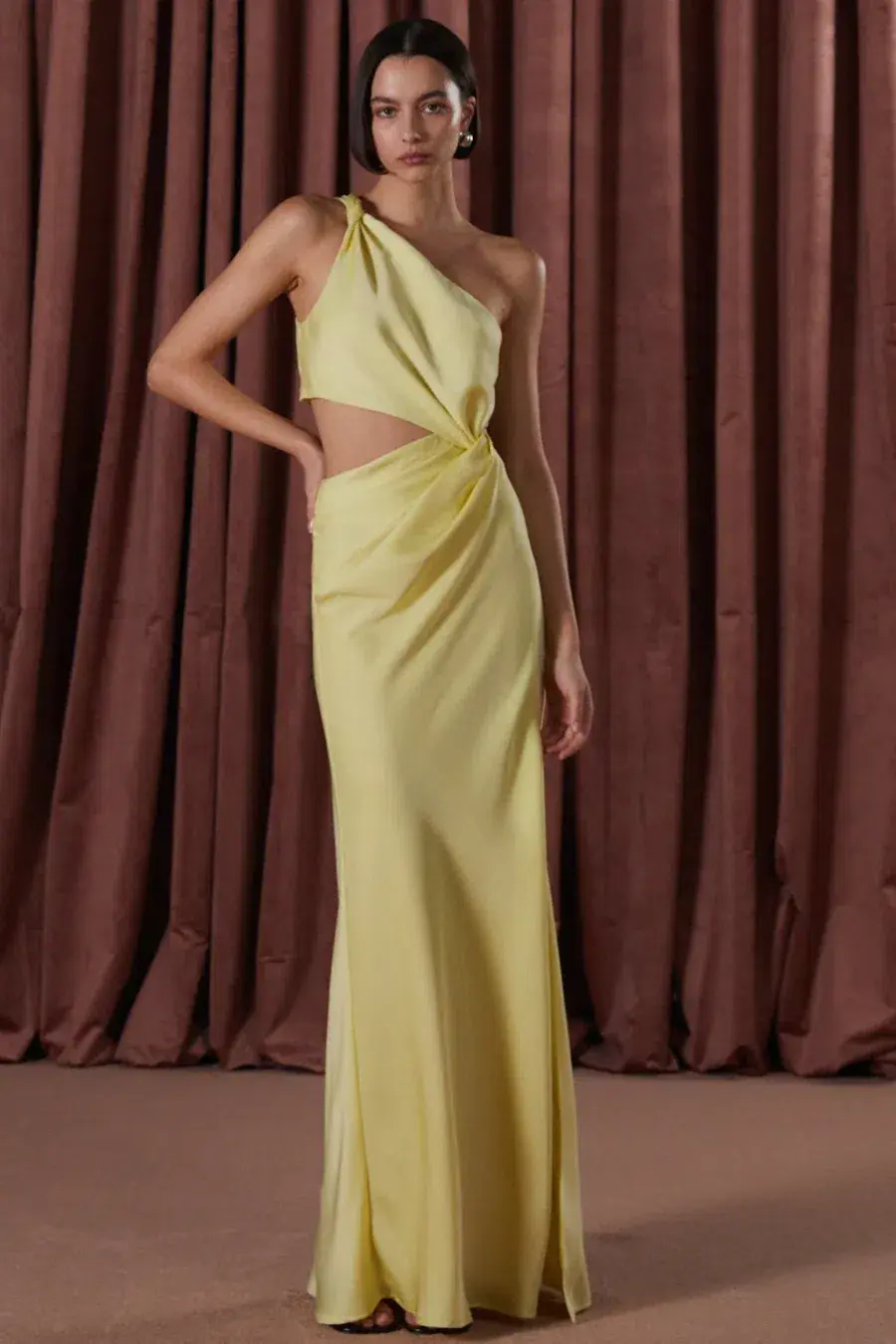MISHA Kristin Satin Gown Soft Lime Yellow Size 8/S  for rent on The Volte - main image