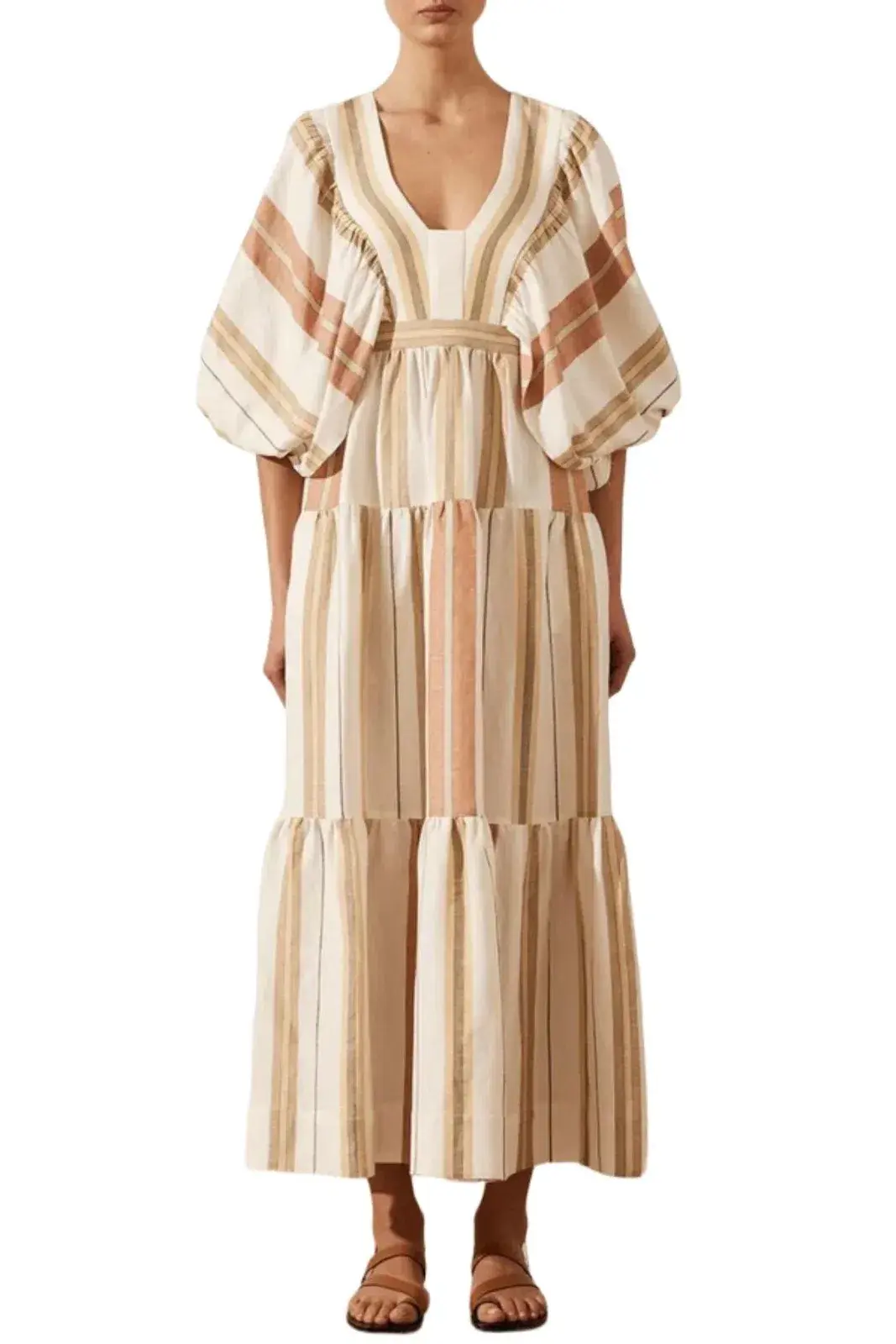 Shona Joy Suzana Midi Dress Beige Striped Size 10  - Image 1