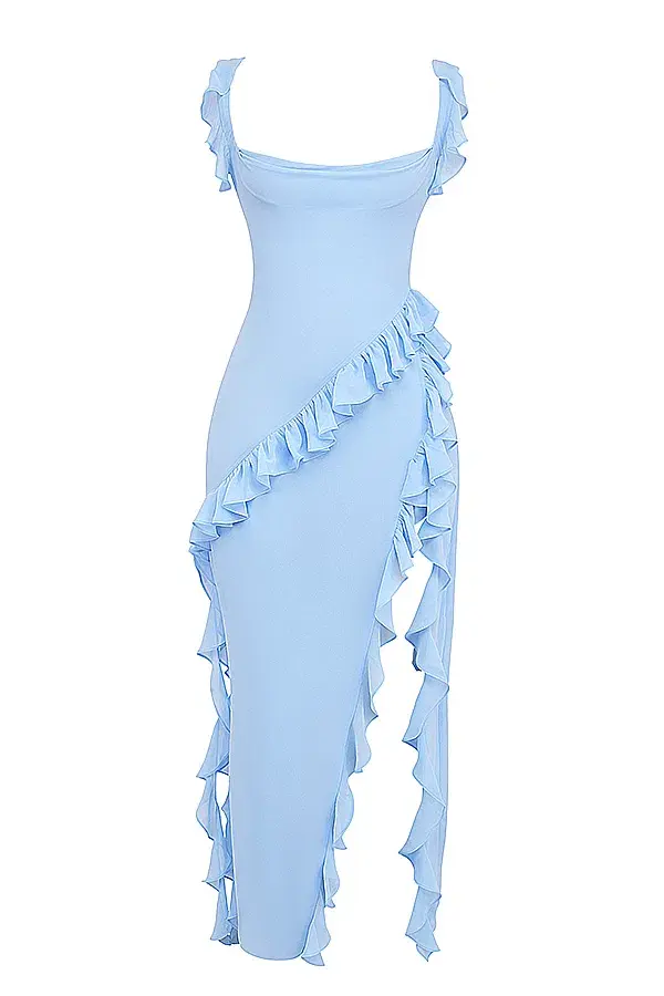 House Of CB Ariela Ruffle Dress Soft Blue Size 10 - Image 5