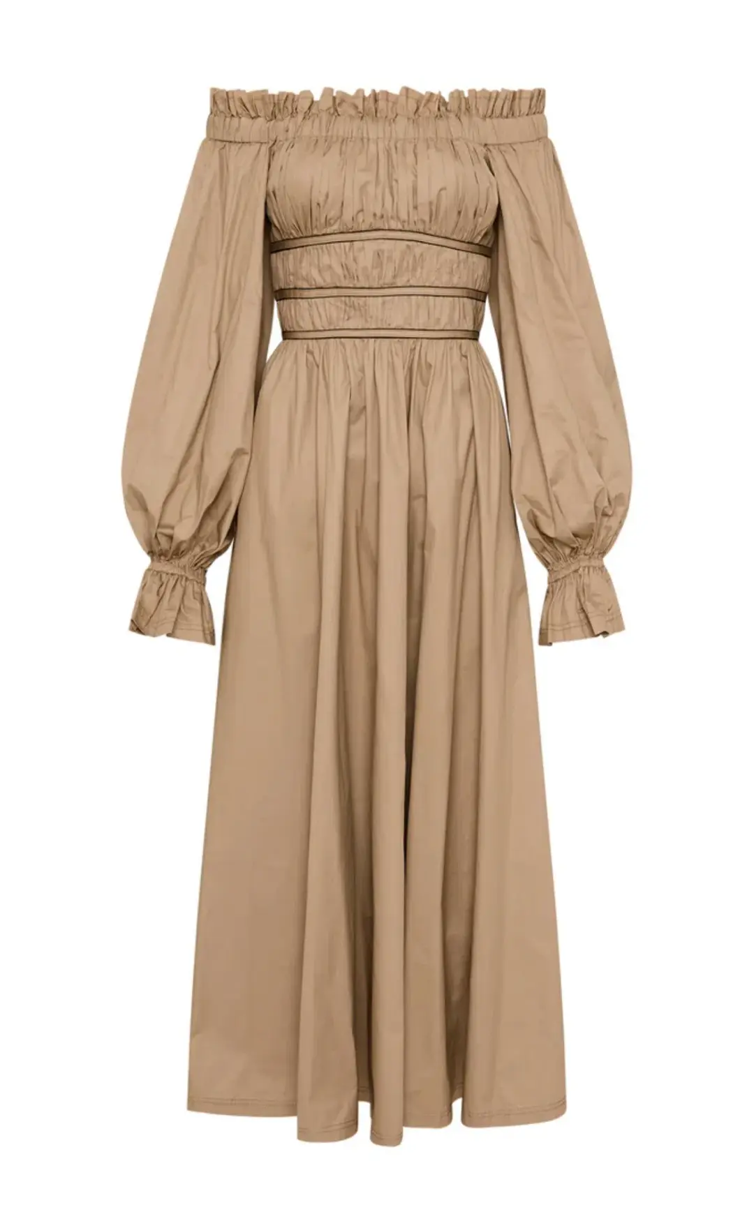 Aje Wattle Off Shoulder Midi Dress Taupe Grey Size 12 for rent on The Volte - main image