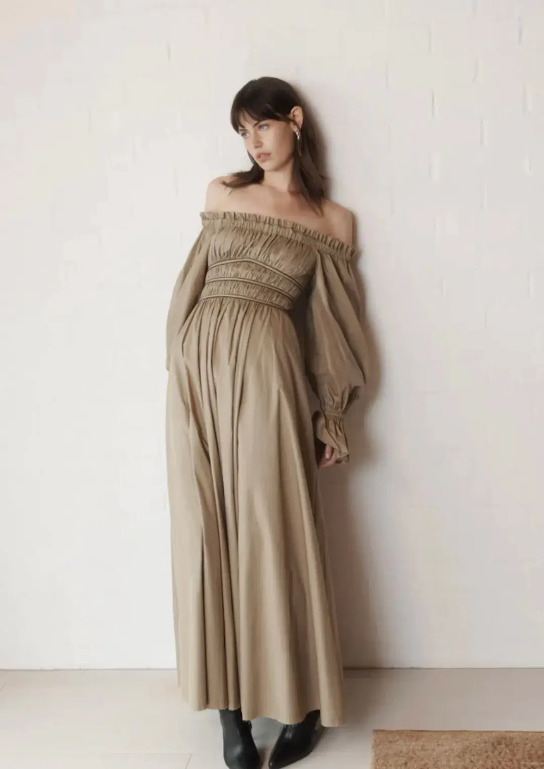 Aje Wattle Off Shoulder Midi Dress Taupe Grey Size 12 for rent on The Volte - main image