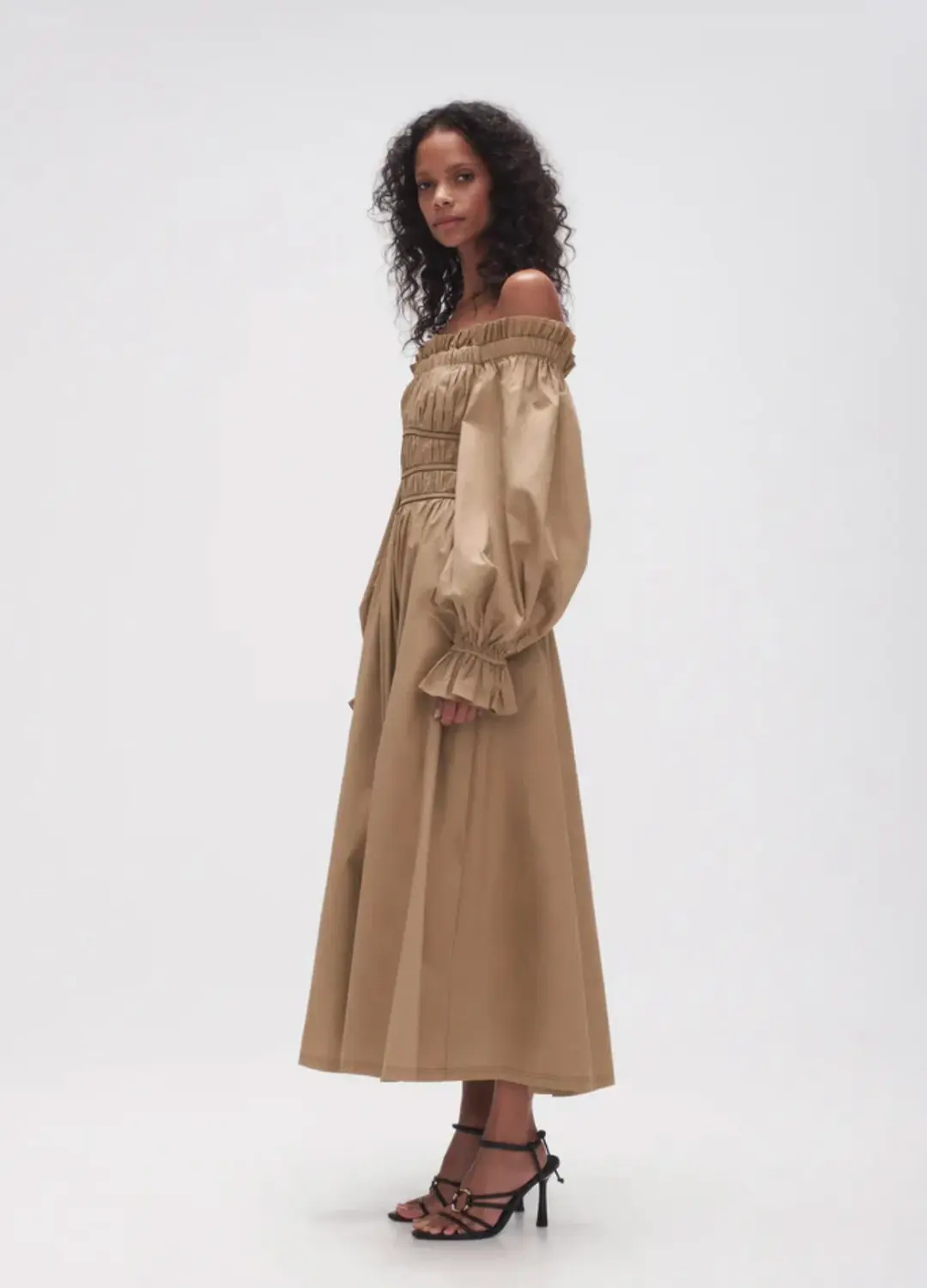 Aje Wattle Off Shoulder Midi Dress Taupe Grey Size 12 for rent on The Volte - main image