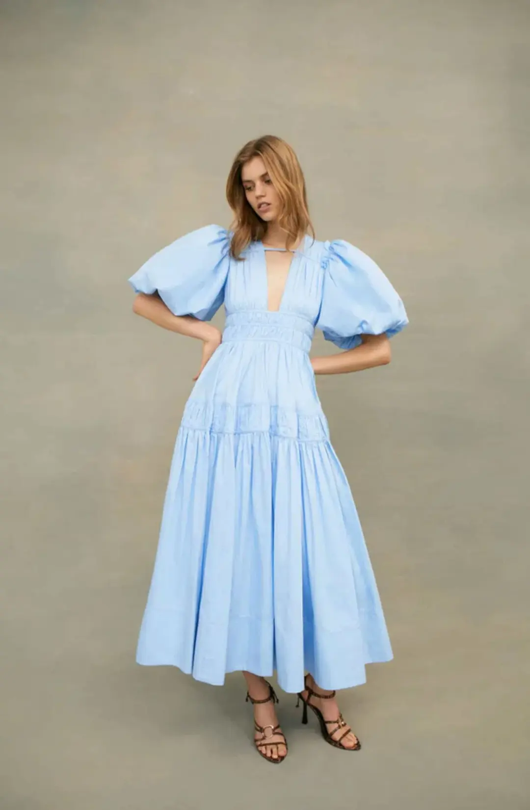 Aje Falling Water Gathered Midi Dress Blue Size 14 for rent on The Volte - main image