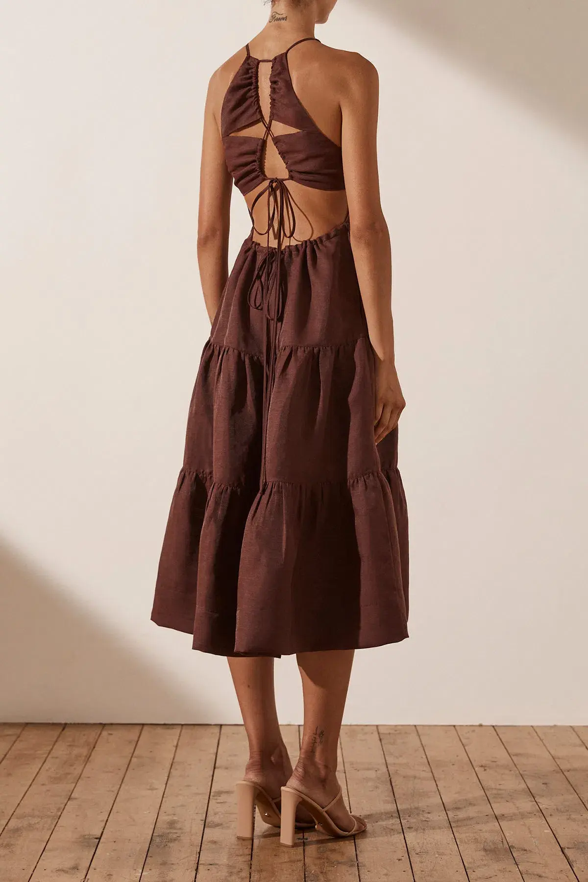 Shona Joy Marlene Open Back Tiered Midi Dress in Chocolate Size 6 - Image 3
