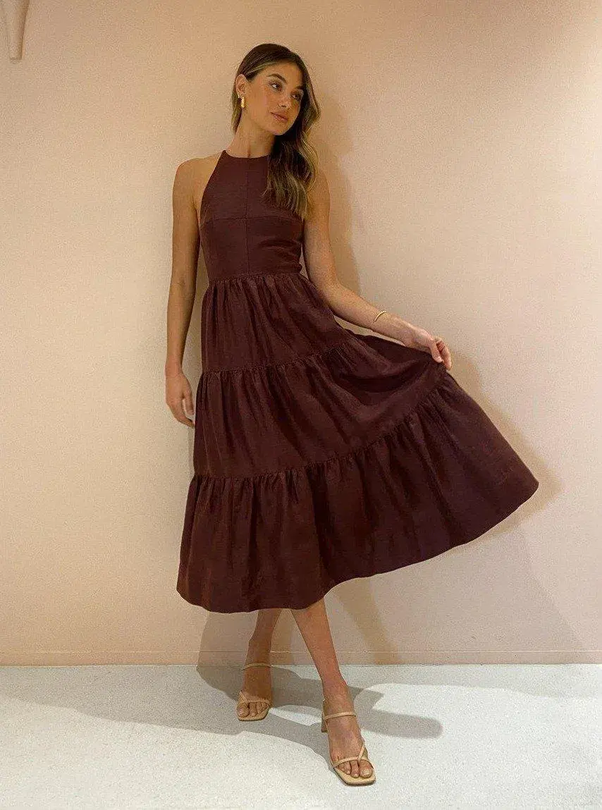 Shona Joy Marlene Open Back Tiered Midi Dress in Chocolate Size 6 - Image 1