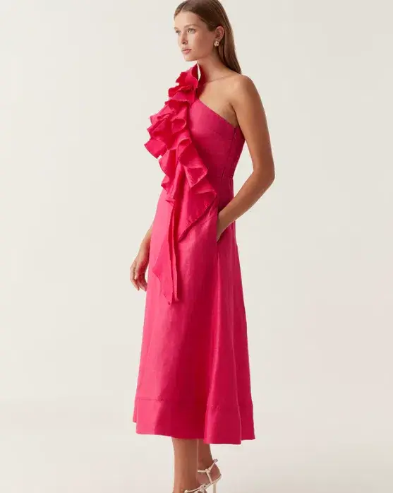 Aje Adelia Ruffle Midi Dress in Pink Size 8 for rent on The Volte - main image