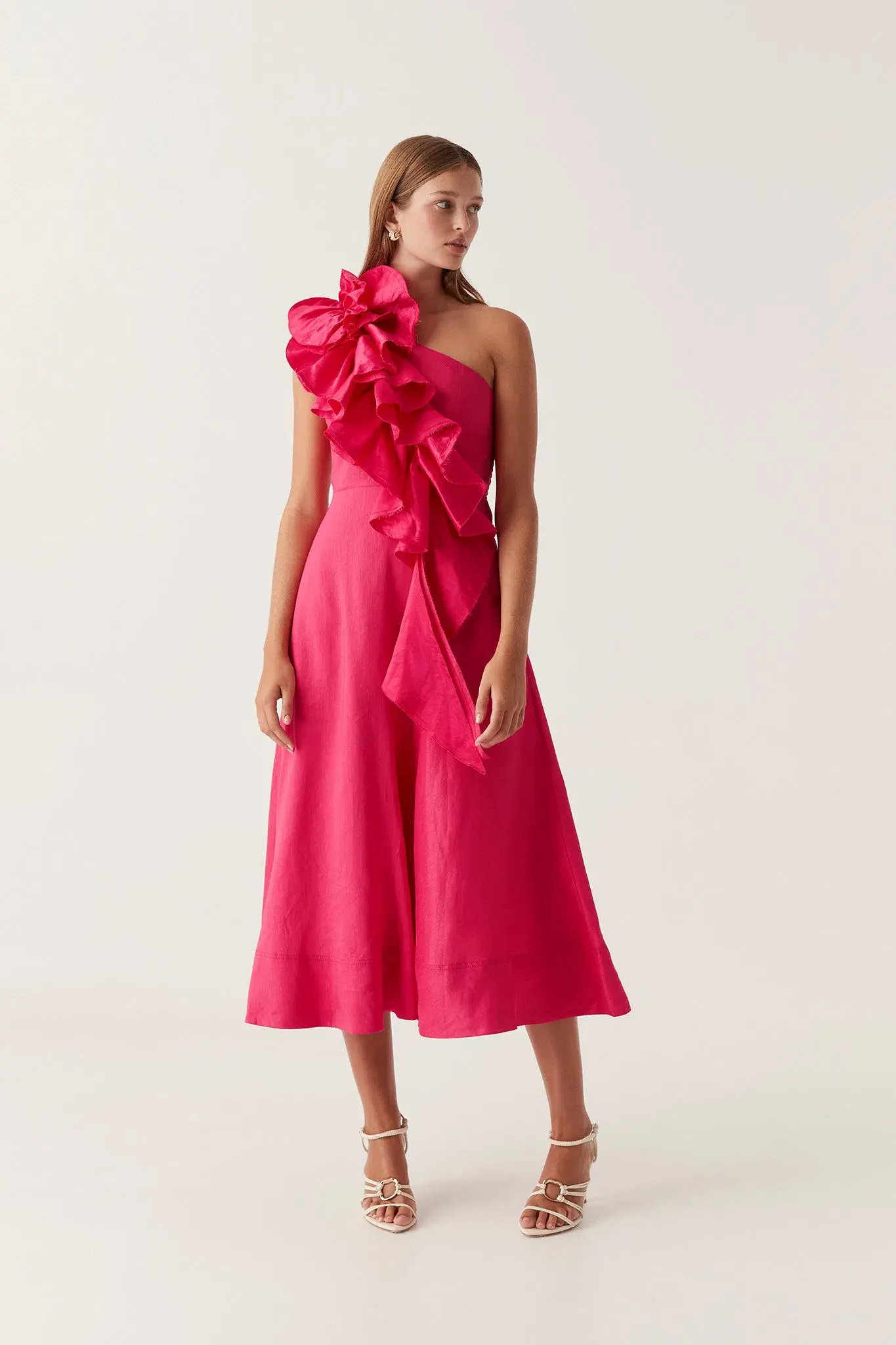 Aje Adelia Ruffle Midi Dress in Pink Size 8 - Image 1