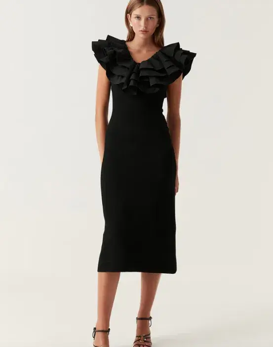 Aje Transcendent Ruffle Midi Dress in Black Size 12 - Image 2