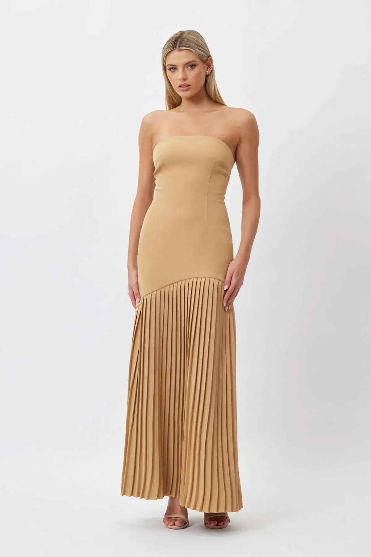 Bianca and Bridgett Mara Pleated Maxi Dress in Beige Gold Size 8 - Image 1