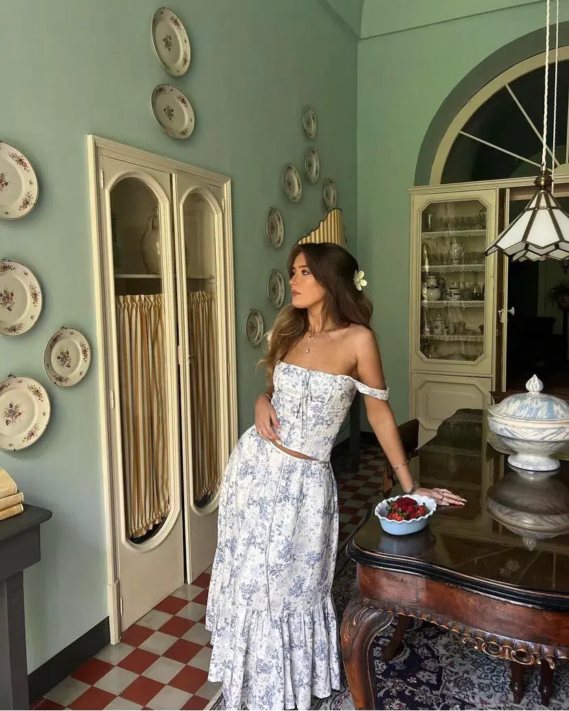 House of CB Chicca Corset Top and Aitana Midi Skirt Set Blue Floral Size M / AU 10 - Image 1