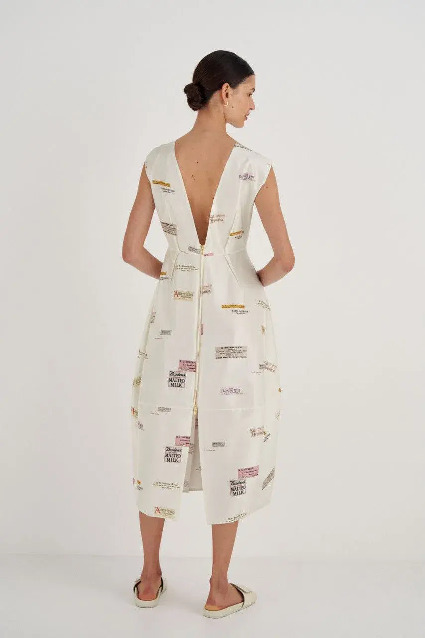 Oroton Structured Spaced Label Midi Dress Soft Cream Print Size 6 - Image 3