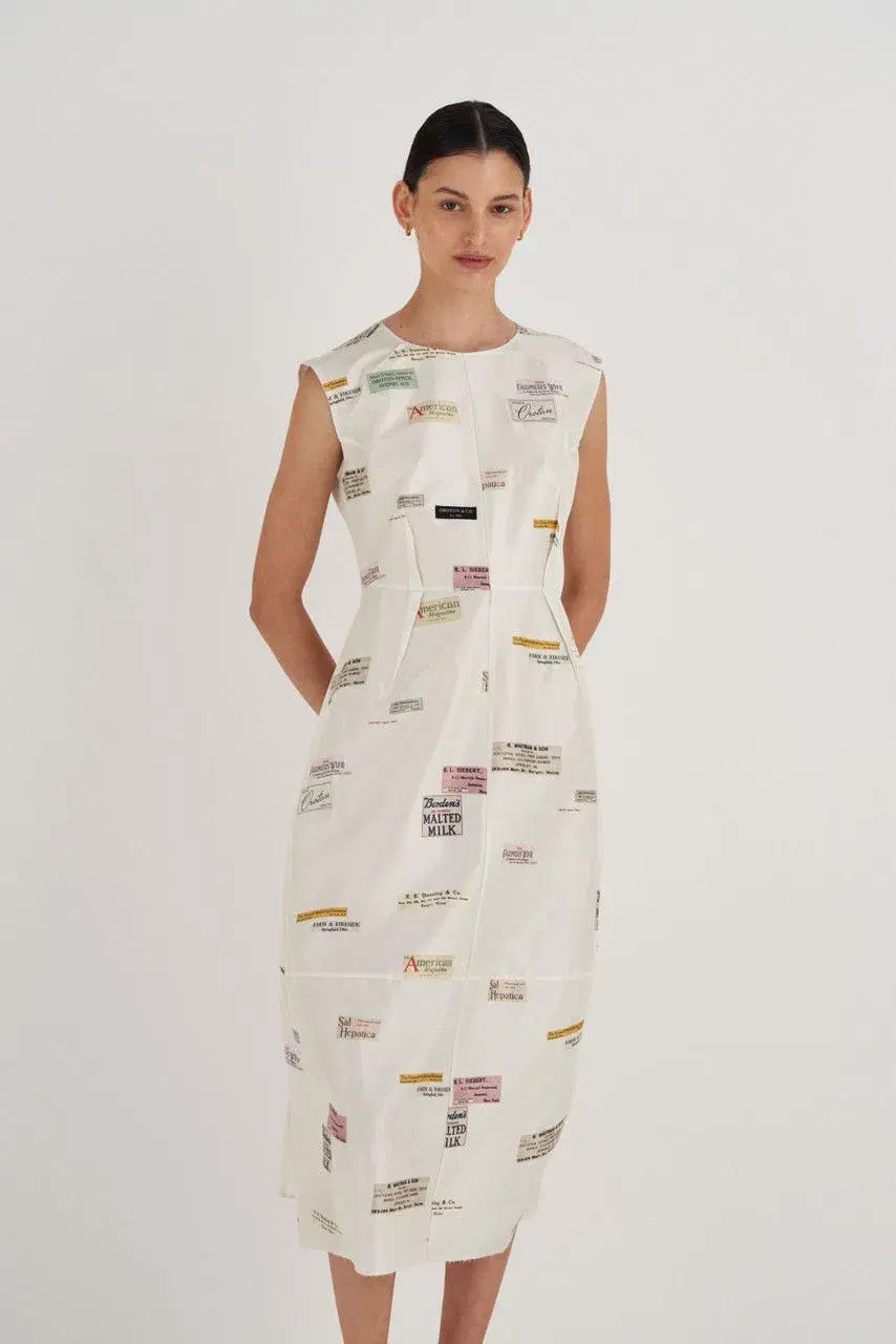Oroton Structured Spaced Label Midi Dress Soft Cream Print Size 6 - Image 2