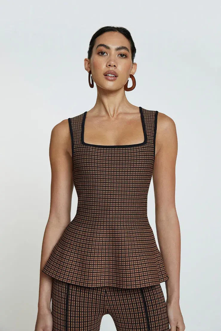 By Johnny Window Check Flare Top & Pant Set Brown/Black Size 8  for rent on The Volte - main image