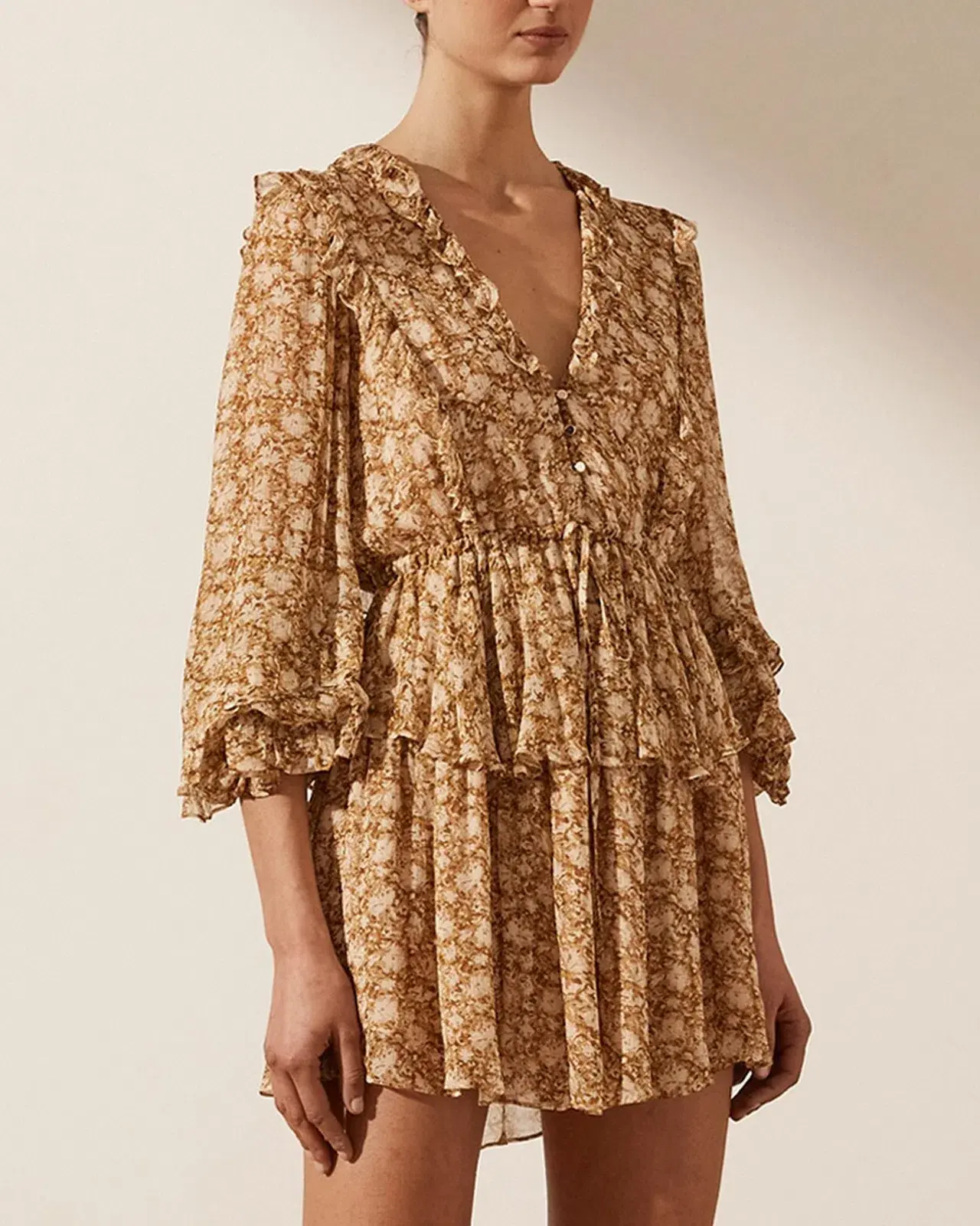Shona Joy Julia Balloon Sleeve Drawstring Mini Dress Floral Size AU 10 - Image 5