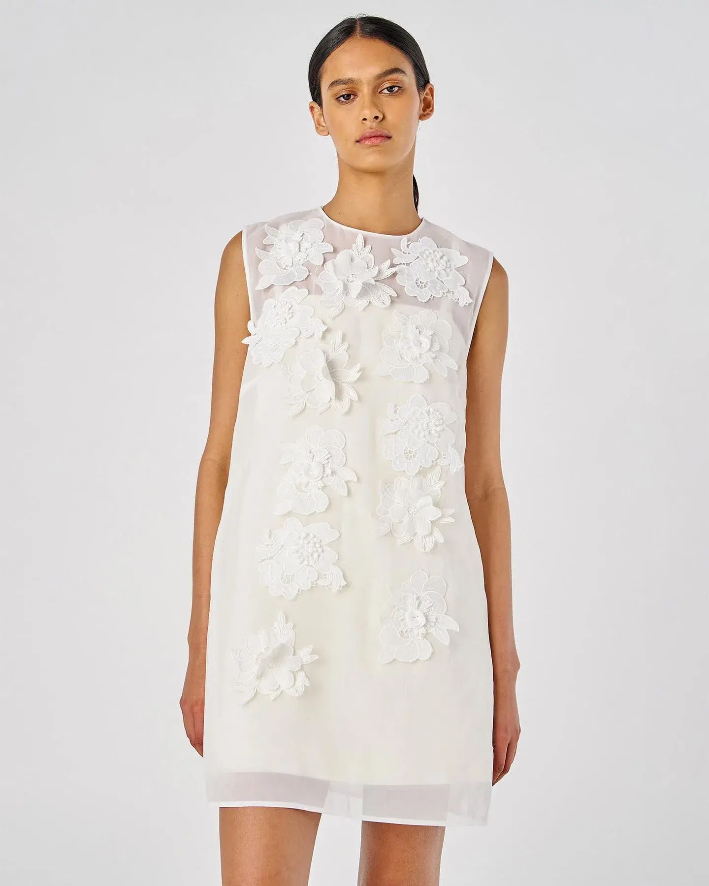 Oroton Lace Flower Sheer Mini Dress Soft Cream Size 14 - Image 2