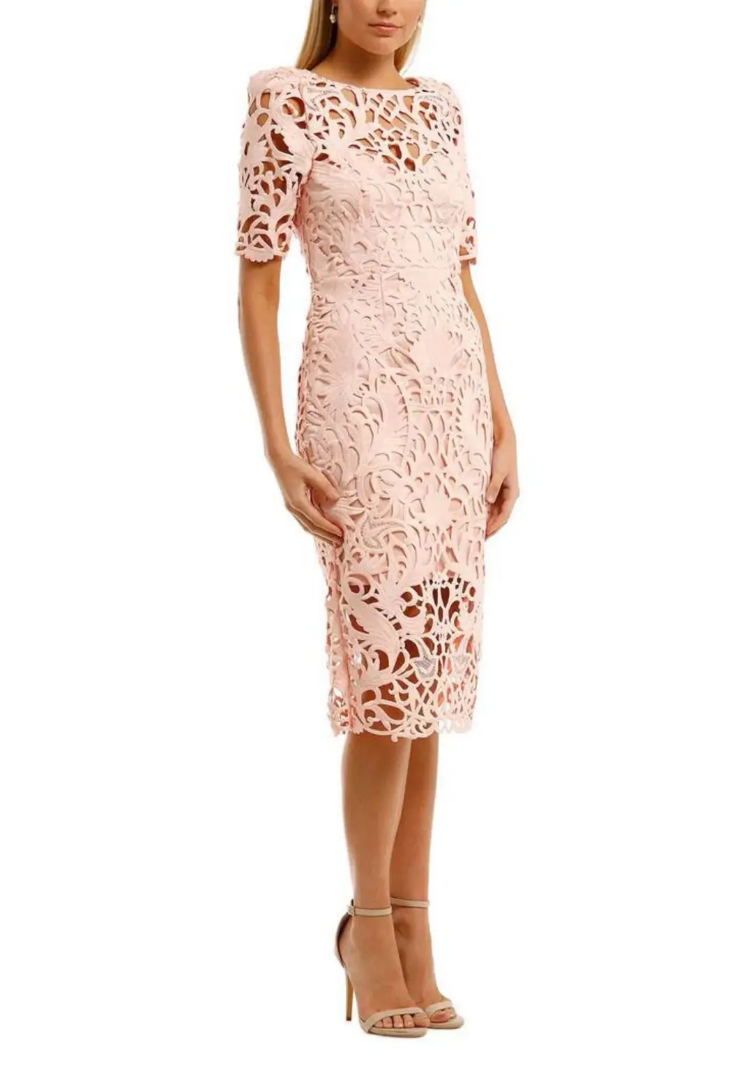 Melbourne Cup Day Best Dress - Thurley Utopia Lace Midi Dress in Seashell Pink with choice of 1 fascinator  for rent on The Volte - main image