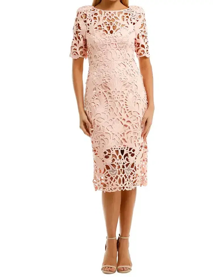 Melbourne Cup Day Best Dress - Thurley Utopia Lace Midi Dress in Seashell Pink with choice of 1 fascinator  for rent on The Volte - main image