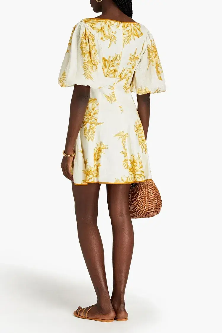 Zimmermann Empire Printed Linen Mini Dress Cream/Gold Size 2 / AU 12 - Image 2