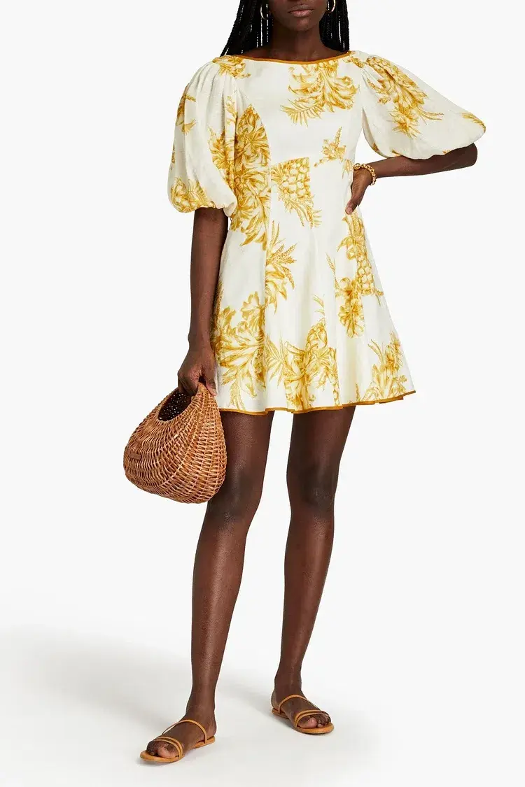 Zimmermann Empire Printed Linen Mini Dress Cream/Gold Size 2 / AU 12 - Image 1