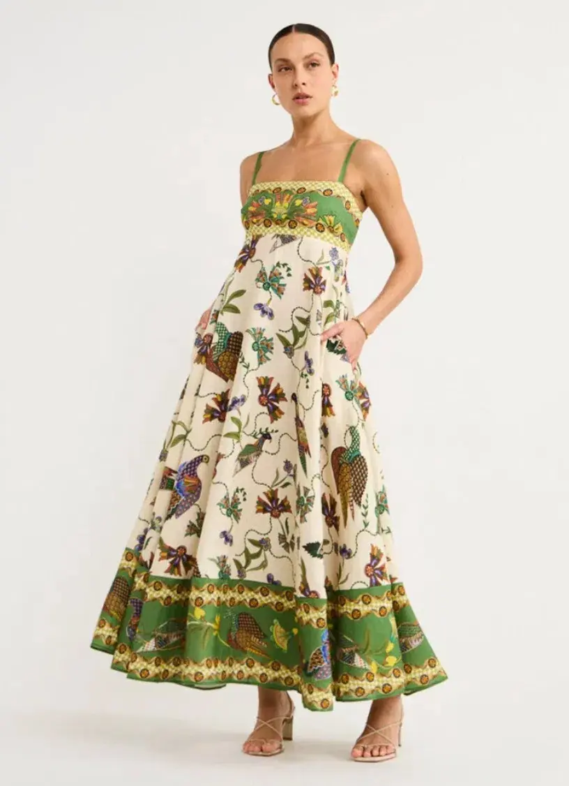 Alémais Birdie Printed Linen Maxi Dress Print Size 8  for rent on The Volte - main image