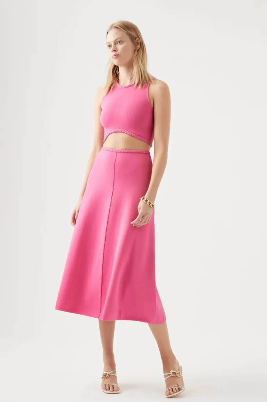 Aje Elm Braided Knit Tank Top & Petal Knit Midi Skirt Set Rose Size 6 - Image 1