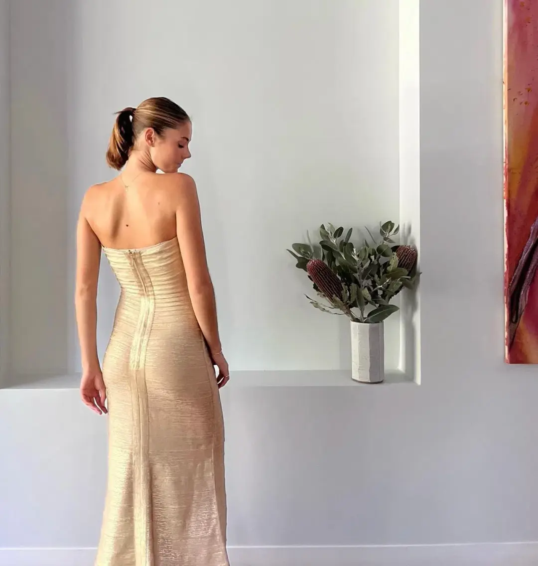 Herve Leger Sara Gown  Gold Size Small/AU 8 for rent on The Volte - main image