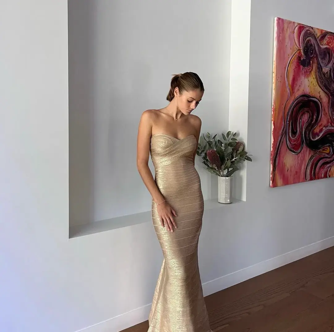 Herve Leger Sara Gown  Gold Size Small/AU 8 for rent on The Volte - main image