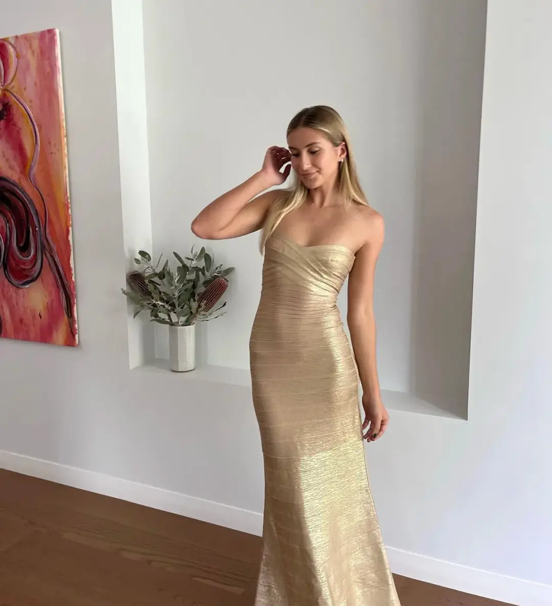 Herve Leger Sara Gown  Gold Size Small/AU 8 for rent on The Volte - main image