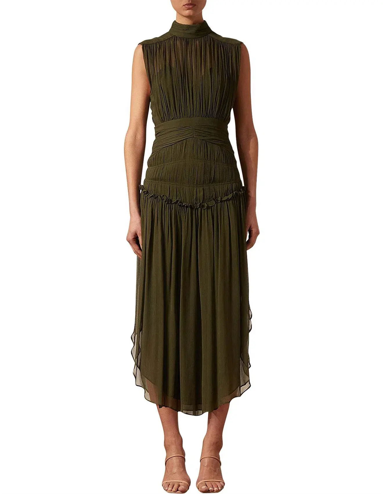 Shona Joy Safira Sleeveless Open Back Midi Dress in Olive Green Size 6 - Image 3