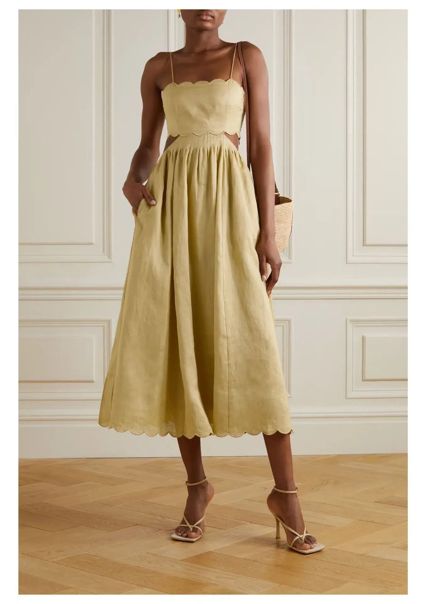 Zimmermann Jude Lace Up Cutout Scalloped Linen Voile Midi Dress Beige Size 0 AUD Size 8 - Image 1