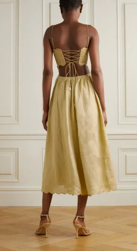 Zimmermann Jude Lace Up Cutout Scalloped Linen Voile Midi Dress Beige Size 0 AUD Size 8 for rent on The Volte - main image