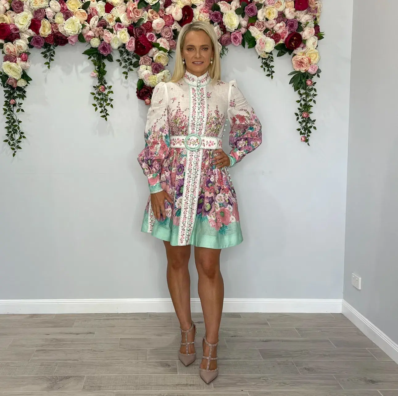 Zimmermann   Jude Buttoned Mini Dress  in Aqua Gradient Floral   Size 1 / AU 10 - Image 2