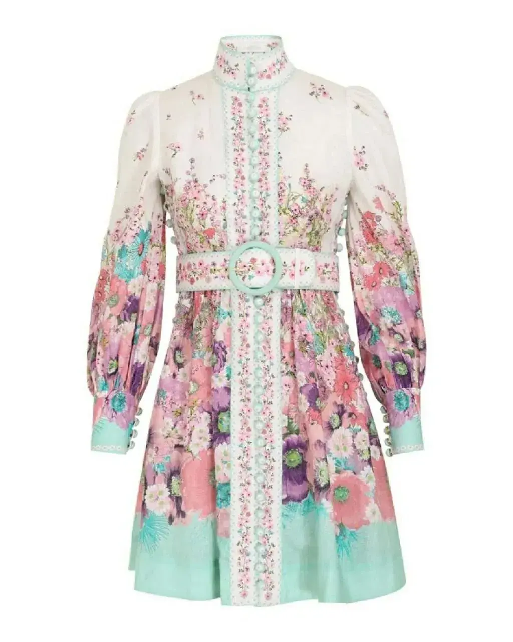 Zimmermann   Jude Buttoned Mini Dress  in Aqua Gradient Floral   Size 1 / AU 10 - Image 5