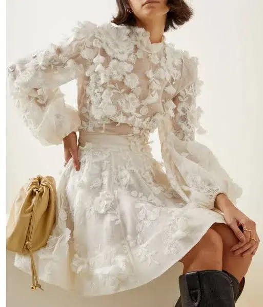 Zimmermann Postcard Blouson Top And Postcard Appliqué Mini Skirt Set Ivory Floral Size 1 / AU 10 - Image 2