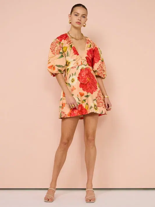 By Nicola Raspberry Ruched Neckline Mini Dress Floral Size 10 - Image 1
