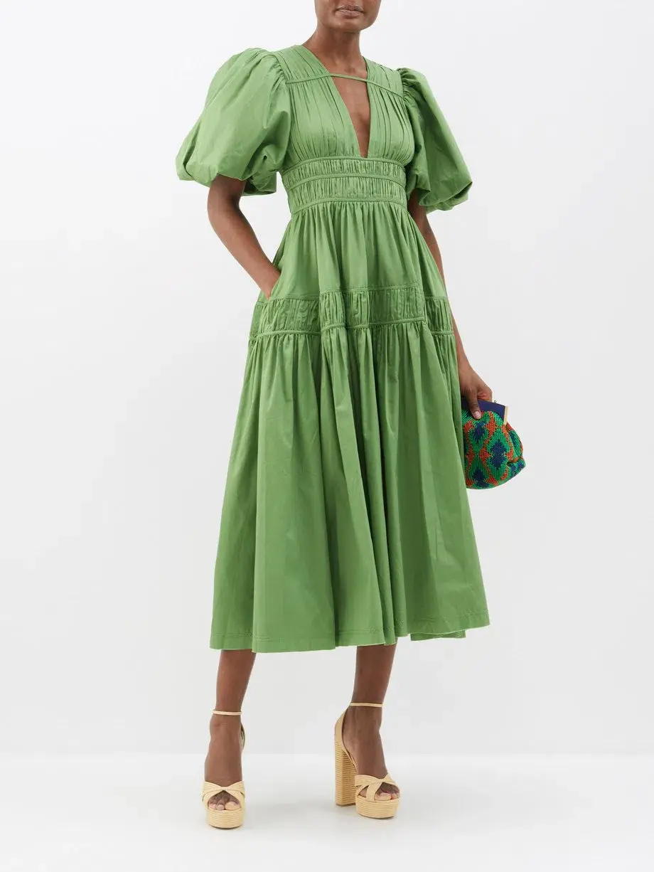 Aje Fallingwater Pintuck-pleated Cotton Midi Dress Khaki Size 12 - Image 2