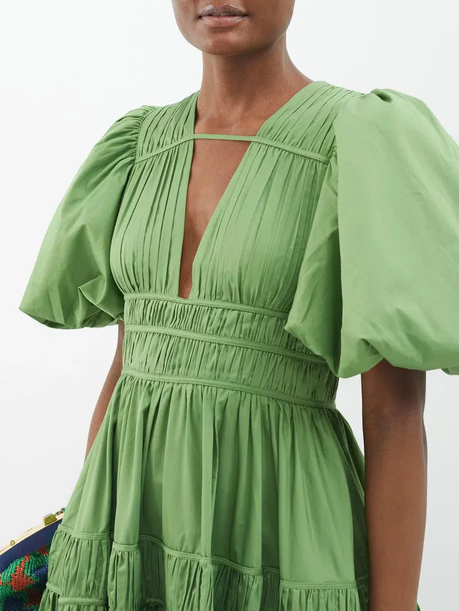 Aje Fallingwater Pintuck-pleated Cotton Midi Dress Khaki Size 12 - Image 5