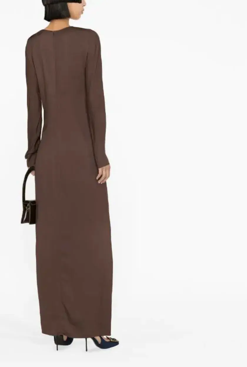 Christopher Esber Ruched Twisted Column Dress in Chocolate Size 6 for rent on The Volte - main image